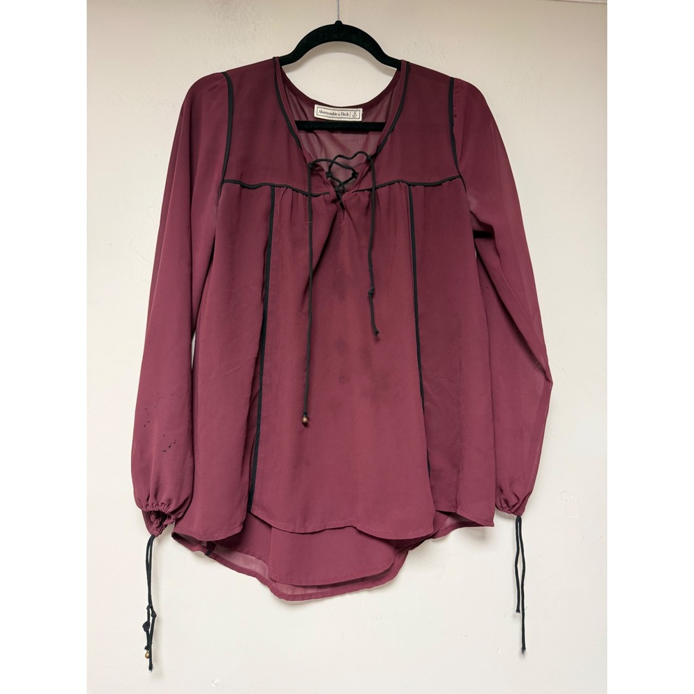Abercrombie Fitch Burgundy Lace Up Neck Long Sleeve Sheer Blouse‎ Top Womens S